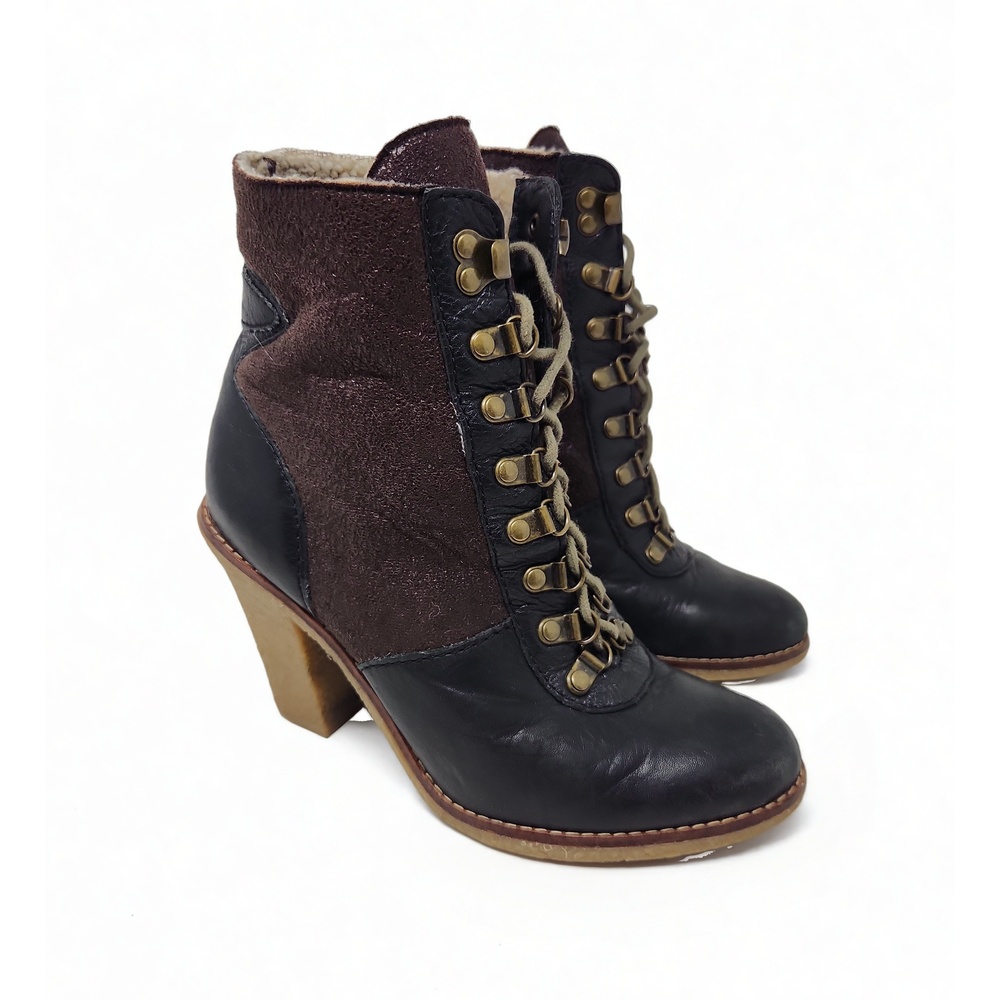 Sam Edelman 7M Tara Lace Up Heeled Boots Combat Block Heel Leather Faux Fur